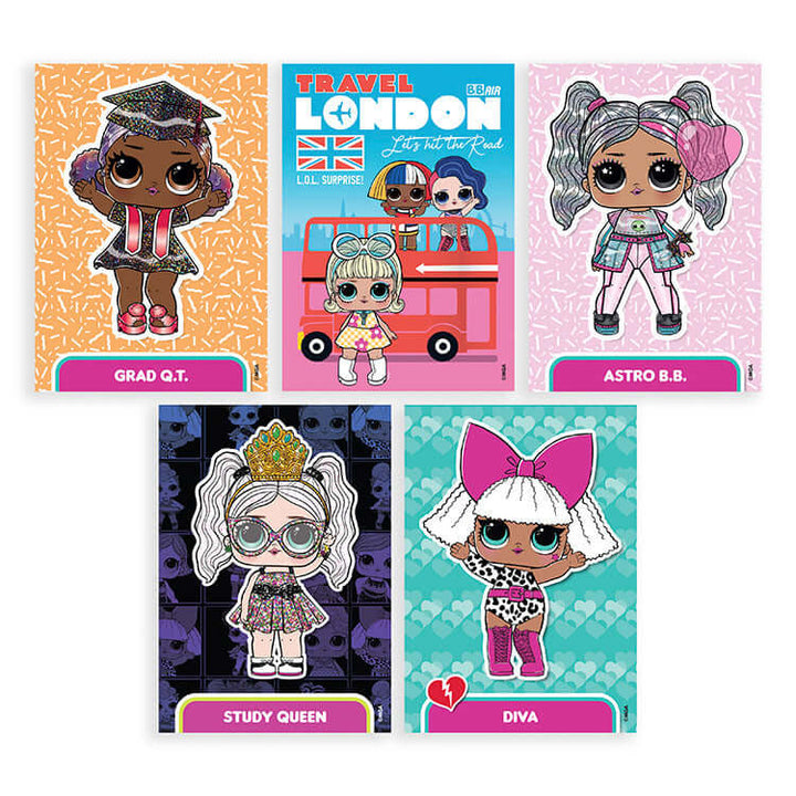 L.O.L Together We Slay Trading Card Collection featuring Grad Q.T., Astro B.B., Study Queen, and Diva.