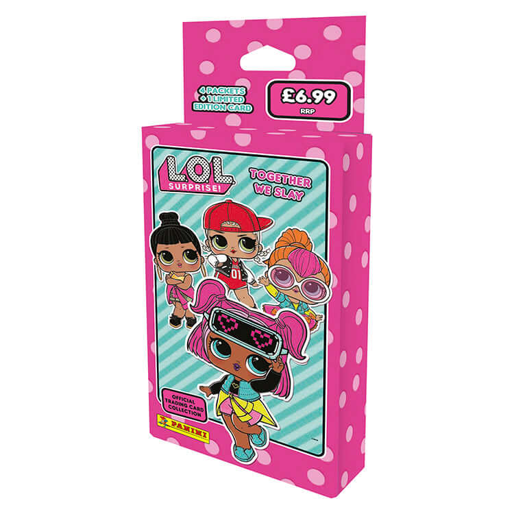 L.O.L Together We Slay Trading Card Collection featuring colorful characters on a pink polka dot packaging.