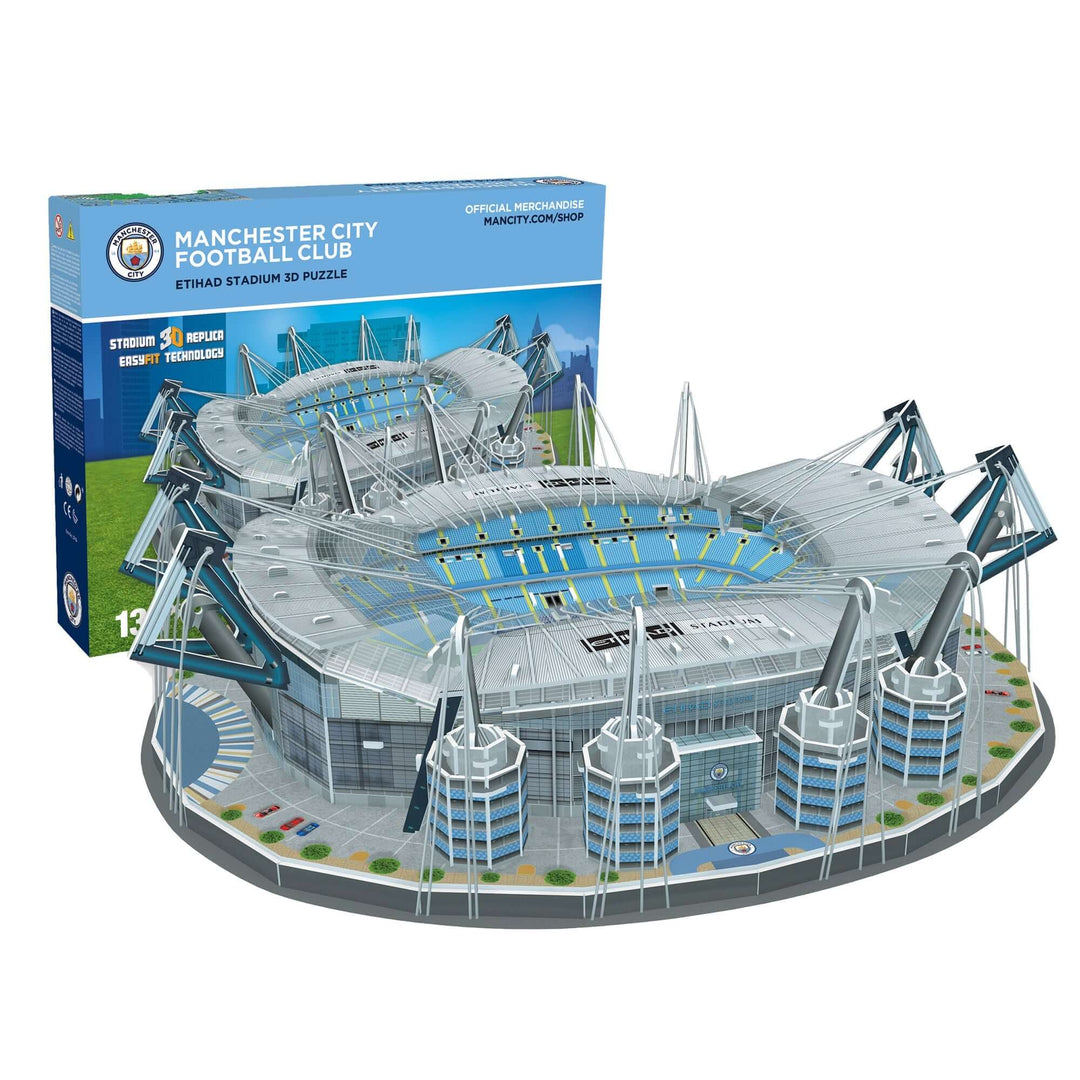 Manchester City Etihad Stadium 3D Puzzle packaging and assembled model with intricate details.