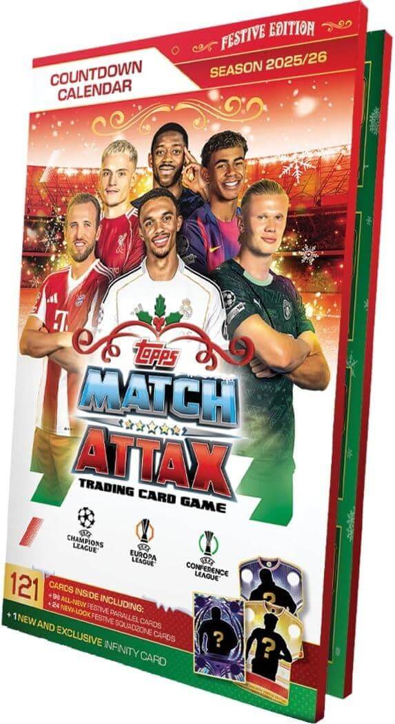 Match Attax 2025/26 - Festive Countdown Advent Calendar featuring 121 collectible trading cards in festive design.