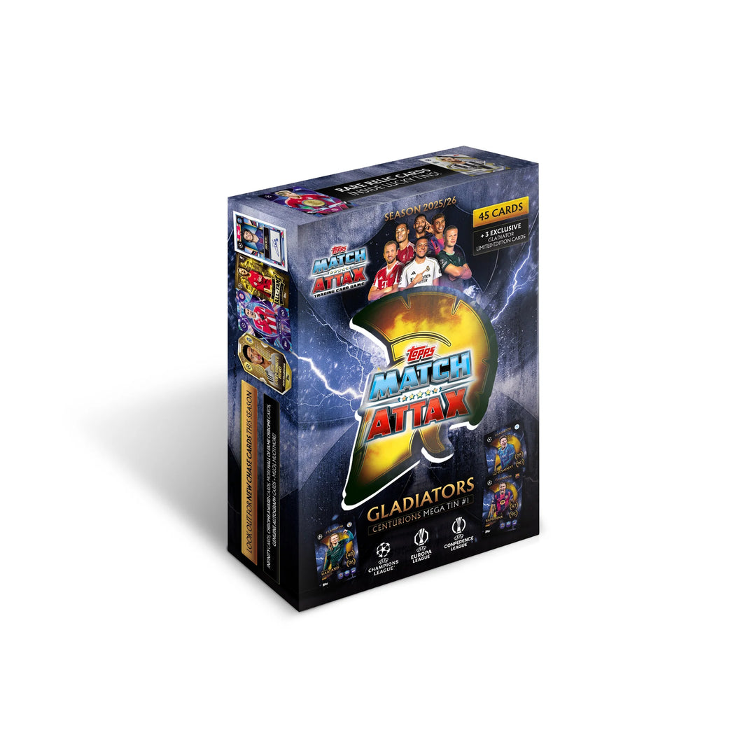 Match Attax 25/26 - Mega Tin featuring gladiators and 45 collectible cards.