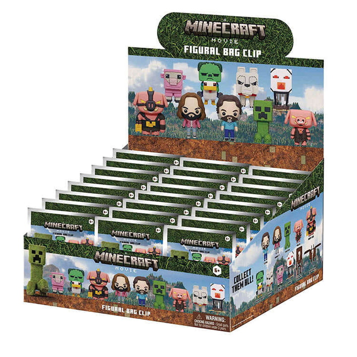 Minecraft Movie 3D Collectable Keychains display featuring various characters and creatures from the Minecraft universe.