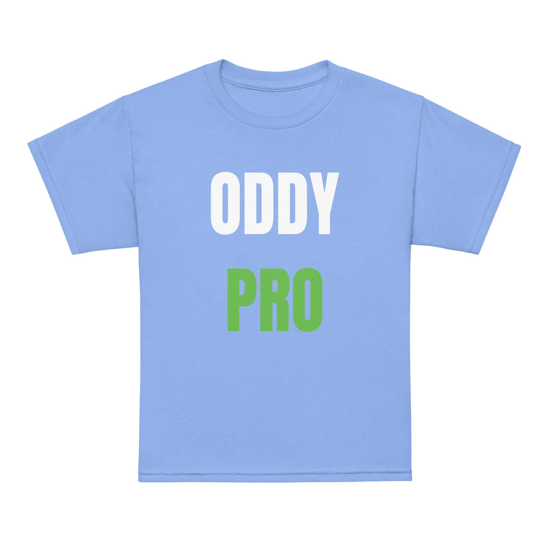 Oddy Pro Youth t-shirt in light blue with bold white and green lettering