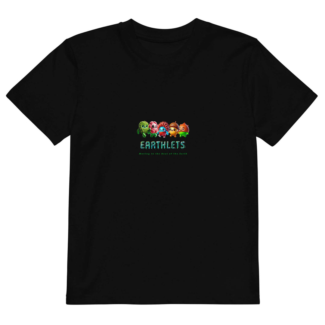 Earthlets organic cotton kids t-shirt featuring colorful character designs on a black background.