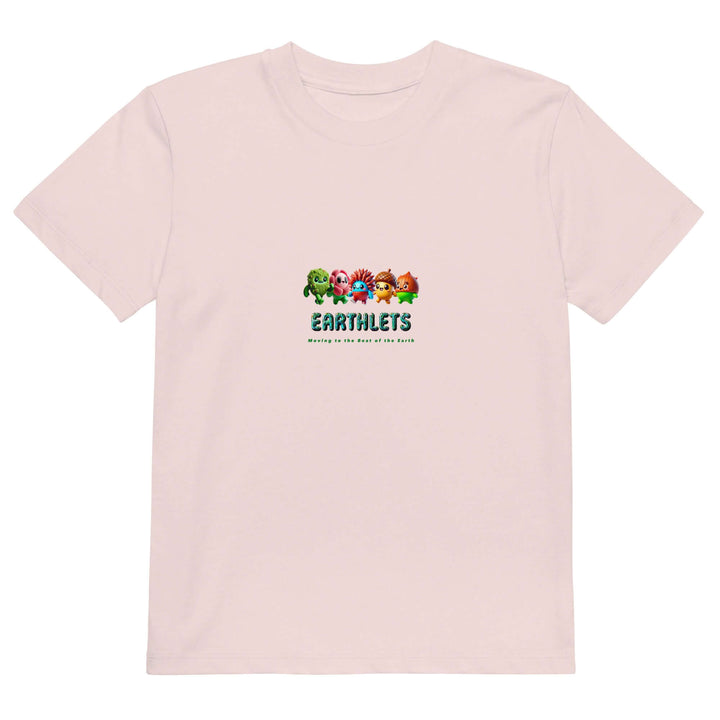 Earthlets organic cotton kids t-shirt featuring fun animal designs in vibrant colors on a light background.