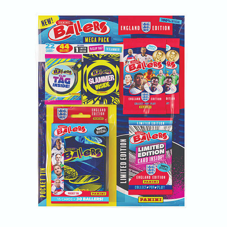 Panini Ballers 2026 Trading Card Collection Mega Pack featuring England Edition cards and collectible items.