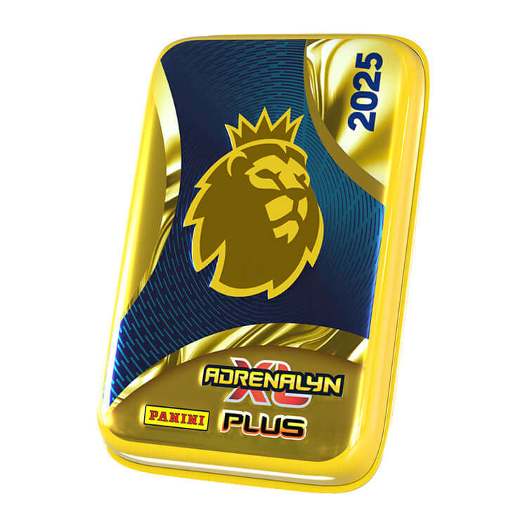 Premier League 2025 Adrenalyn XL PLUS trading card pack by Panini, featuring iconic golden lion logo.