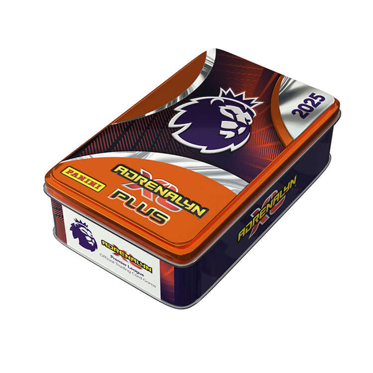2025 Premier League Adrenalyn XL PLUS trading cards tin from Panini featuring vibrant design and iconic logo.
