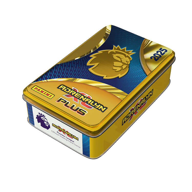 2025 Premier League Adrenalyn XL PLUS trading cards tin featuring the iconic lion logo and vibrant design.