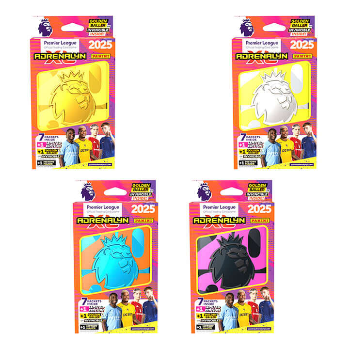 Four packs of Premier League 2024/25 Adrenalyn XL trading cards by Panini with different colors and player images.