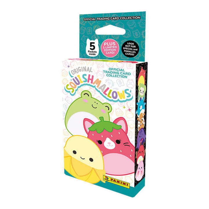 Squishmallows Trading Card Collection box featuring adorable characters, includes 5 packets and limited edition cards.