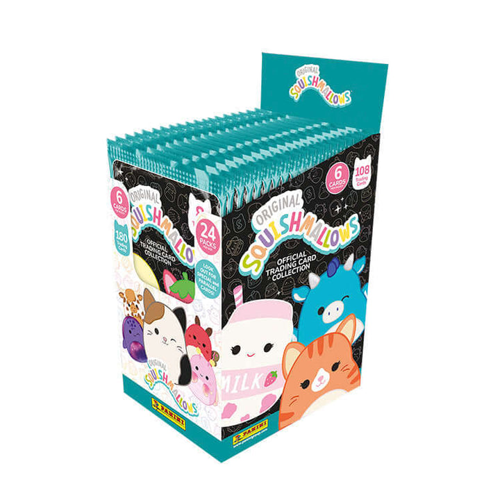 Display of Squishmallows Trading Card Collection pack featuring cute characters and vibrant design.