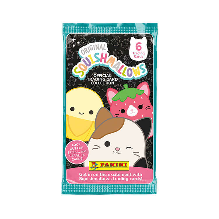 Original Squishmallows trading card pack featuring adorable characters and 6 collectible cards inside.