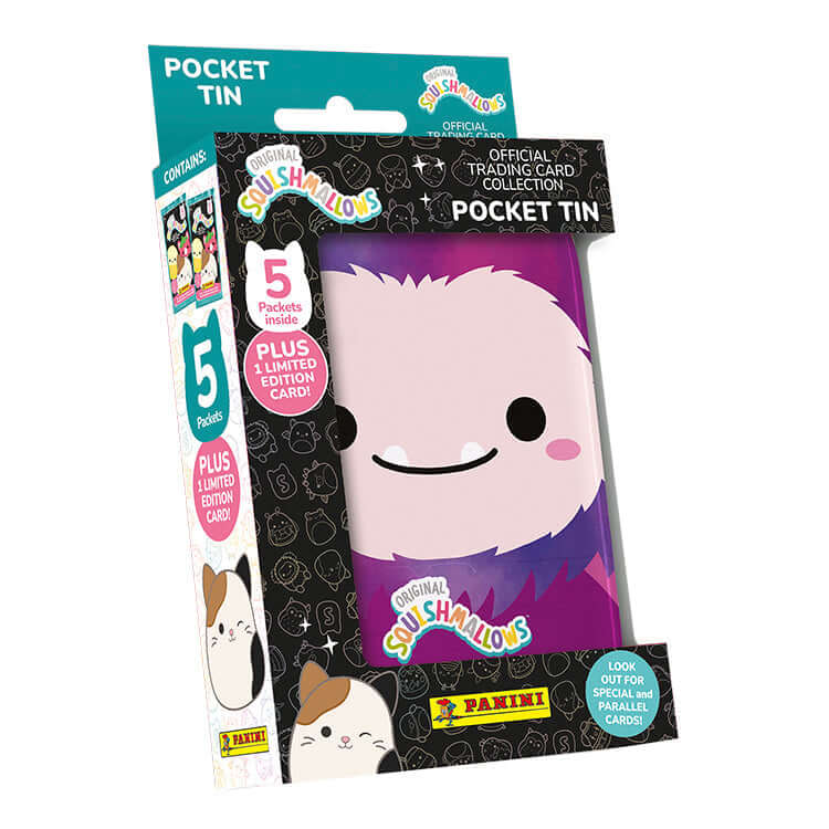 Squishmallows Trading Card Pocket Tin packaging featuring cute character, includes 5 packs and 1 limited edition card.