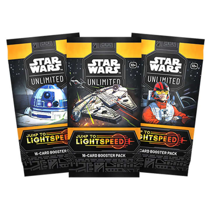 Star Wars: Unlimited Jump to Lightspeed 16-card booster packs featuring iconic characters and starships.