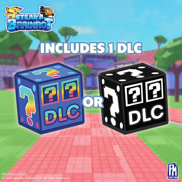 Steal A Brainrot Deluxe Plush image showing two DLC dice, colorful blue and black options, available with the plush.