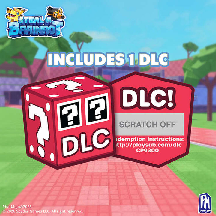 Steal A Brainrot 4" Collectible Plush DLC scratch-off card with instructions and mystery dice.