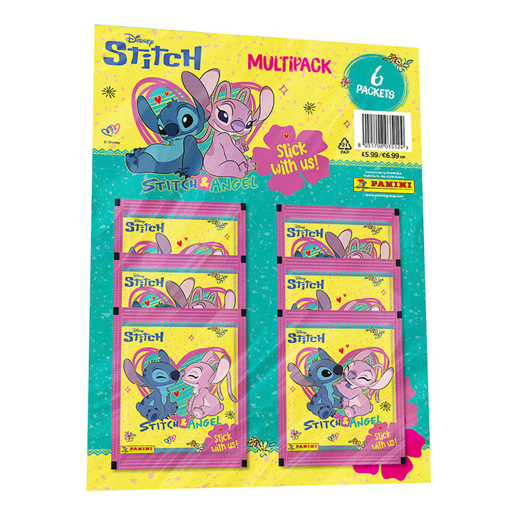 Stitch and Angel sticker collection multipack featuring 6 packets, designed by Panini, celebrating the characters' bond.