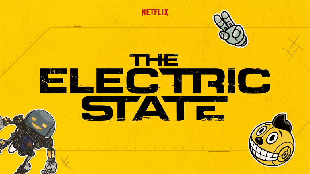 The Electric State logo featuring colorful robot characters on a vibrant yellow background.