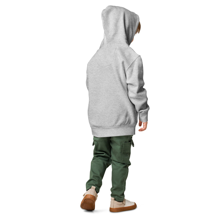 A toddler wearing an Oddy Pro Toddler fleece pullover hoodie in gray, paired with green cargo pants.