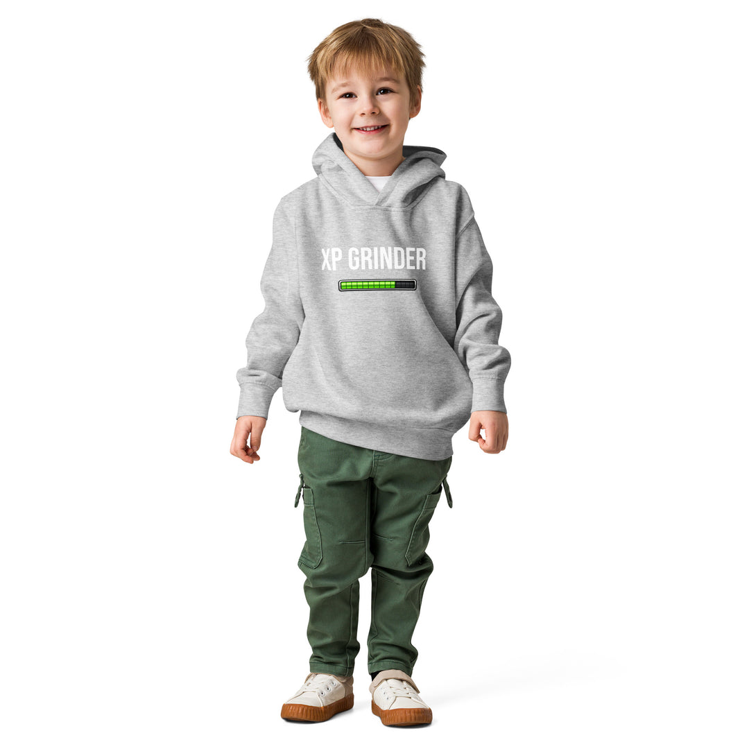 XP Grinder Toddler fleece pullover hoodie worn by a smiling boy, featuring a cozy, soft fleece design.