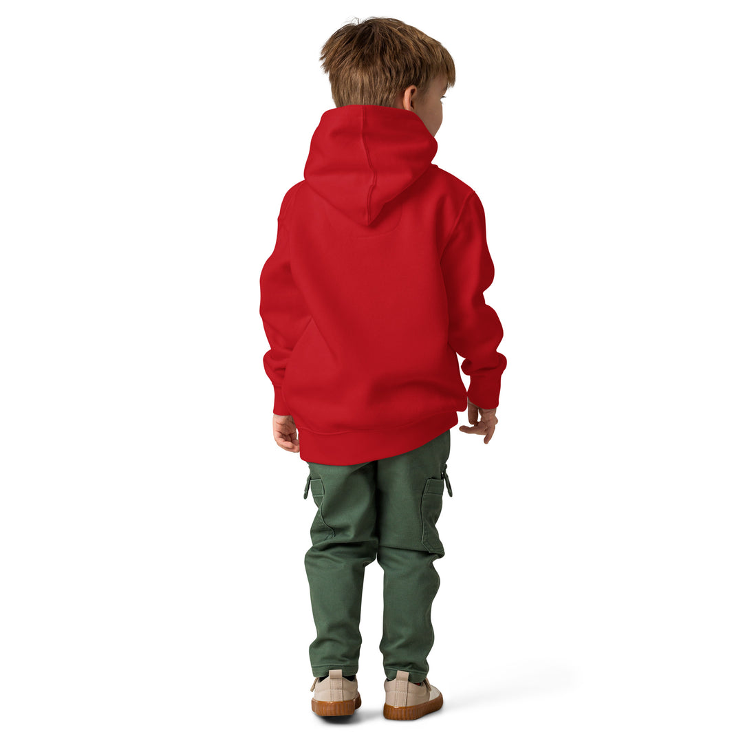 Child wearing a red XP Grinder Toddler fleece pullover hoodie from the back, showcasing its relaxed fit and cozy design.