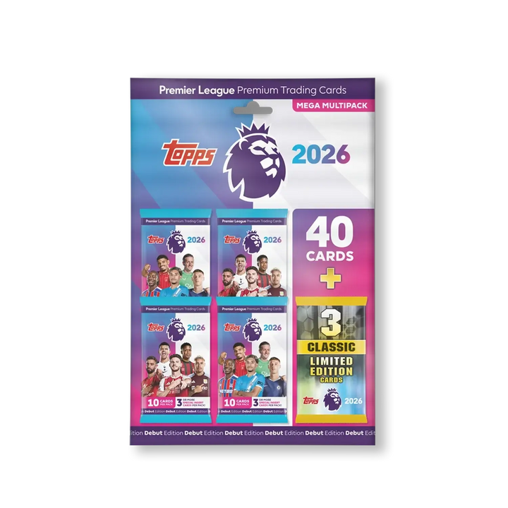Topps Premier League 2026 Mega Multipack featuring 40 trading cards and 3 classic limited edition cards.