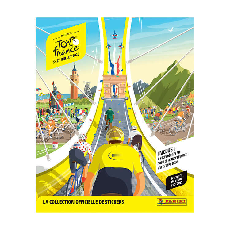 Official sticker collection for the Tour de France 2025 featuring cyclists and the iconic Arc de Triomphe.