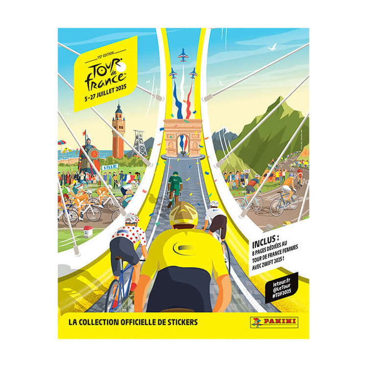 Official sticker collection for the Tour de France 2025 featuring cyclists and the iconic Arc de Triomphe.