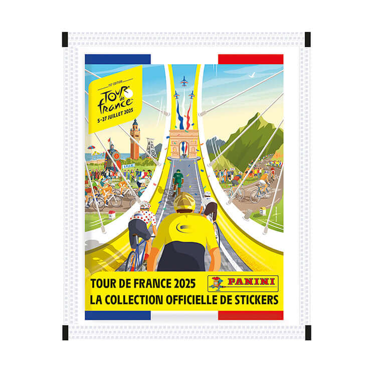 Tour de France 2025 official sticker collection by Panini featuring vibrant cycling artwork and iconic French landmarks.