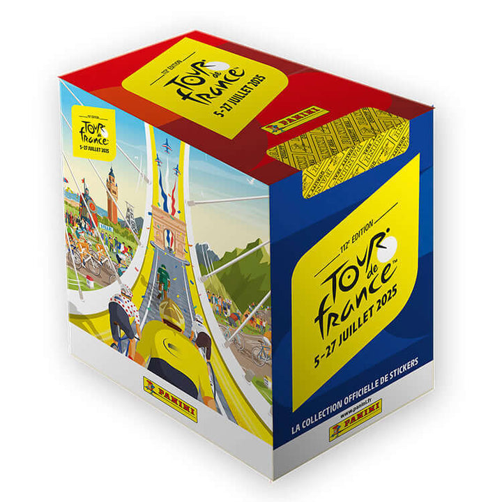 2025 Tour de France Panini sticker collection box, celebrating the 112th edition of the iconic cycling event.