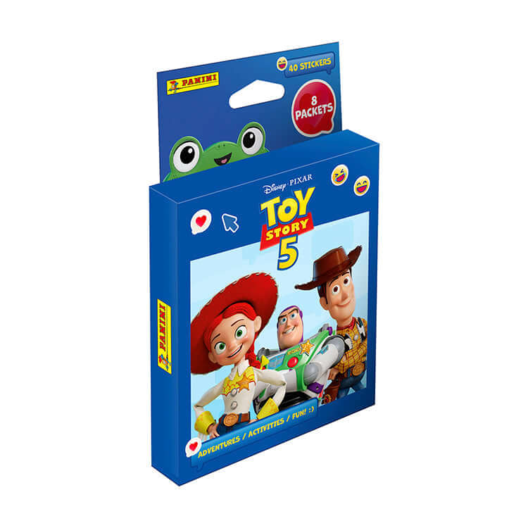 Toy Story 5 Sticker Collection packaging featuring Woody, Buzz, and Jessie with 48 stickers and 8 packets from Panini.