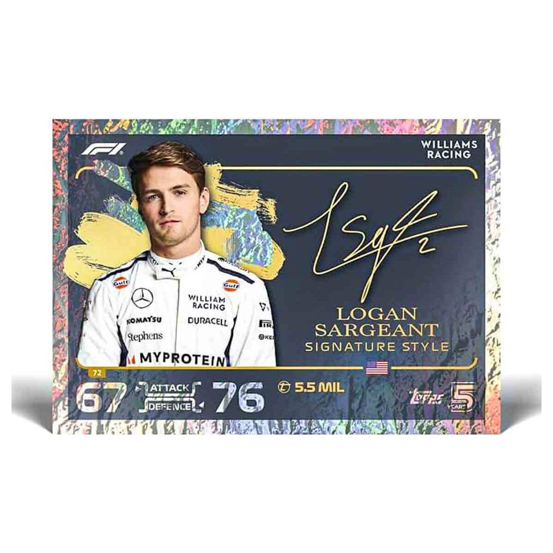 Turbo Attax Formula 1 trading card 2024 featuring Logan Sargeant of Williams Racing with signature style design.