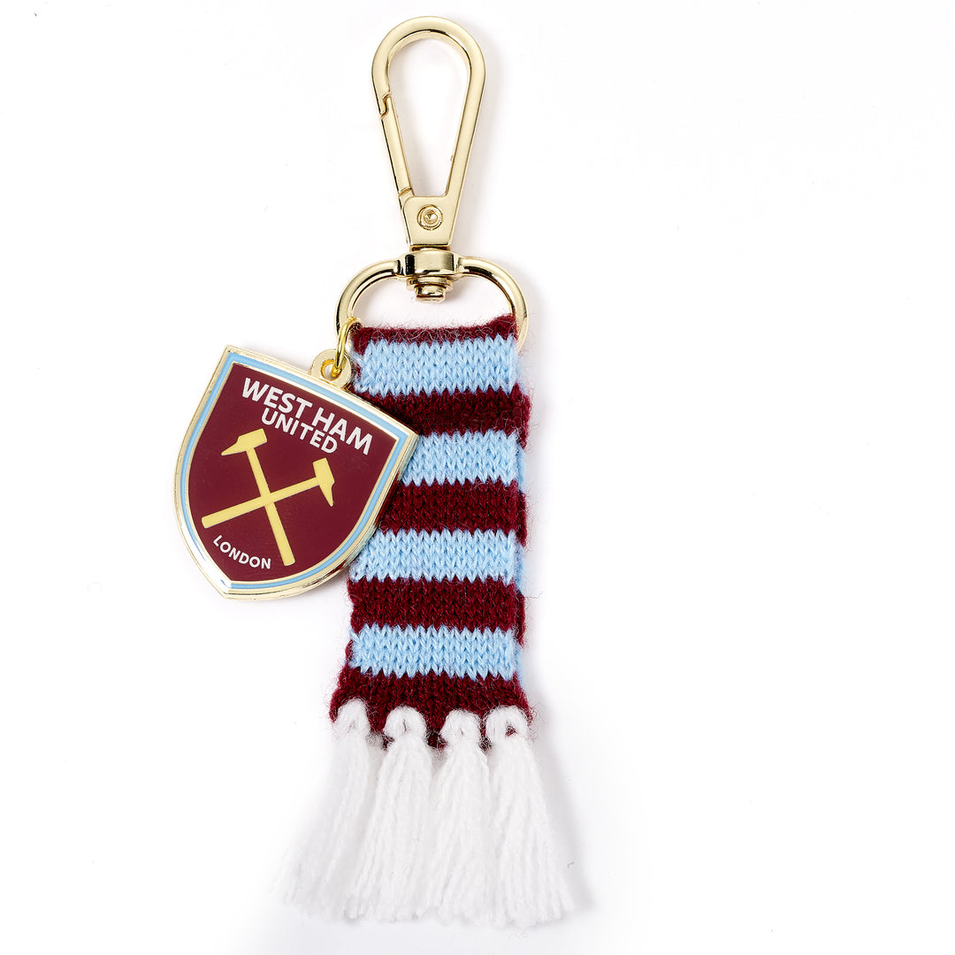 West Ham scarf backpack hanger featuring a claret and blue knitted design and logo charm.