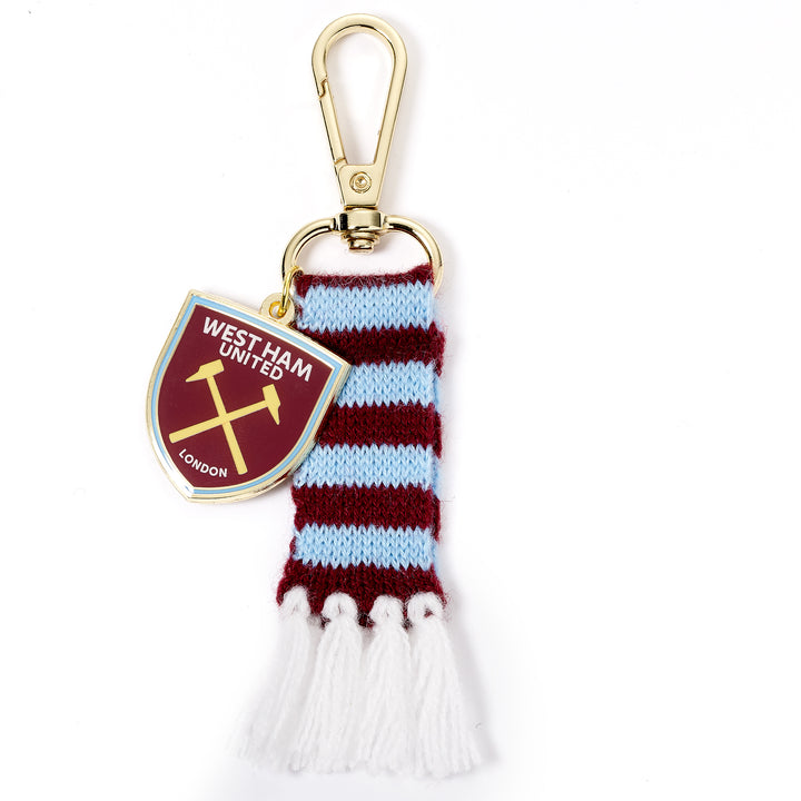 West Ham scarf backpack hanger featuring a claret and blue knitted design and logo charm.