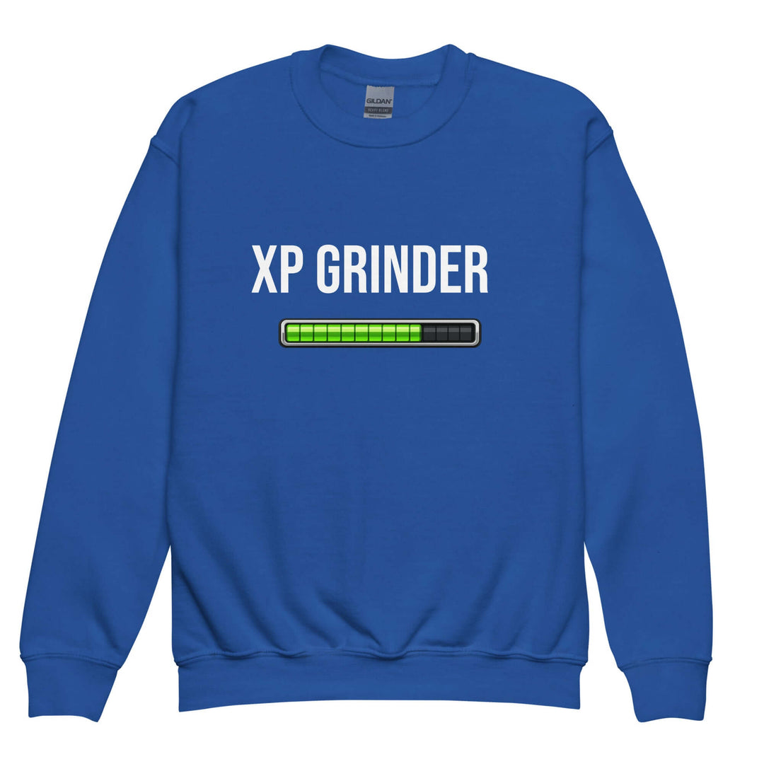 XP Grinder Youth crewneck sweatshirt in blue with a gaming progress bar design.