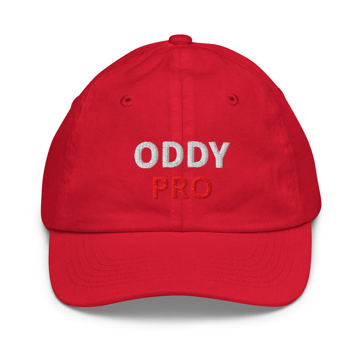Oddy Pro Youth baseball cap in red with embroidered lettering, perfect for baseball training and outdoor play.