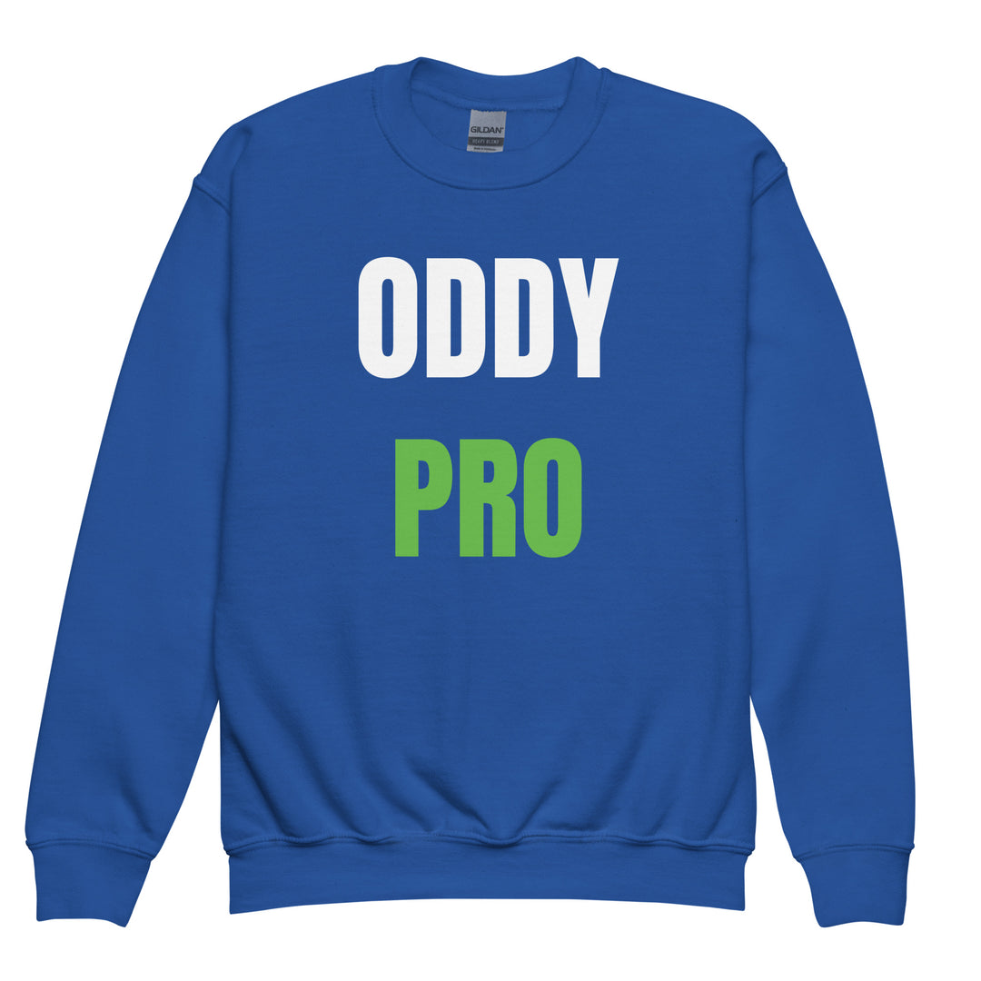 Oddy Pro Youth crewneck sweatshirt in blue with bold white and green lettering, ideal for casual and comfortable wear.