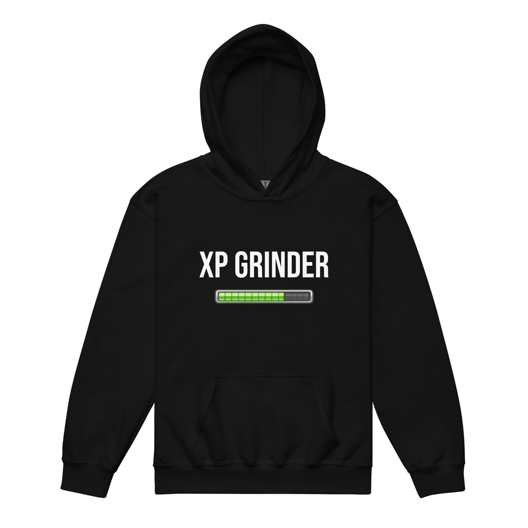 XP Grinder Youth heavy blend hoodie featuring a progress bar design on a black background.