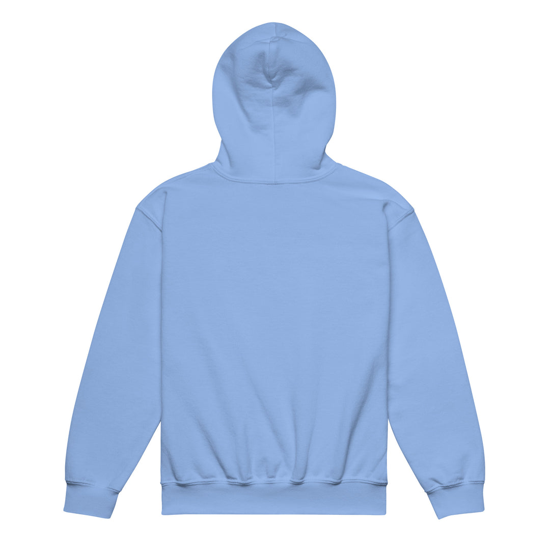 Back view of XP Grinder Youth heavy blend hoodie in light blue, showcasing its soft, durable fabric and cozy design.
