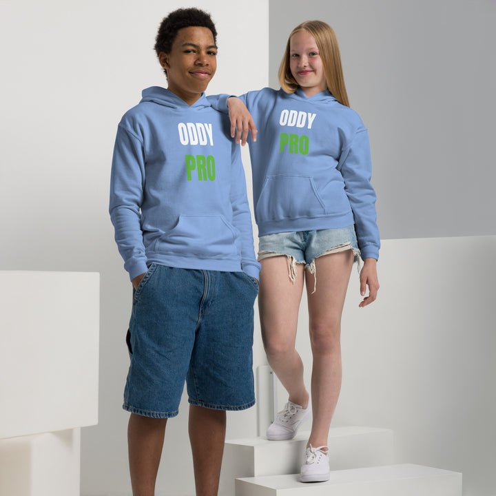 Two children wearing Oddy Pro Youth heavy blend hoodie in blue, showcasing comfort and style.