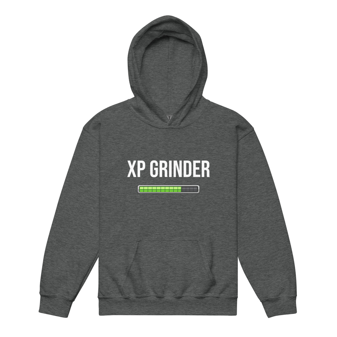 XP Grinder Youth heavy blend hoodie with battery level graphic on a gray background.