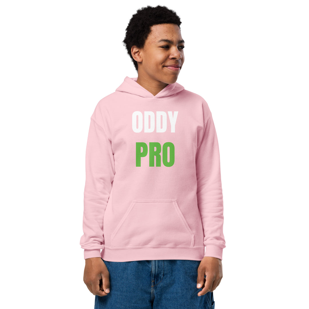 Child wearing Oddy Pro Youth heavy blend hoodie in pink, showcasing comfort and style.