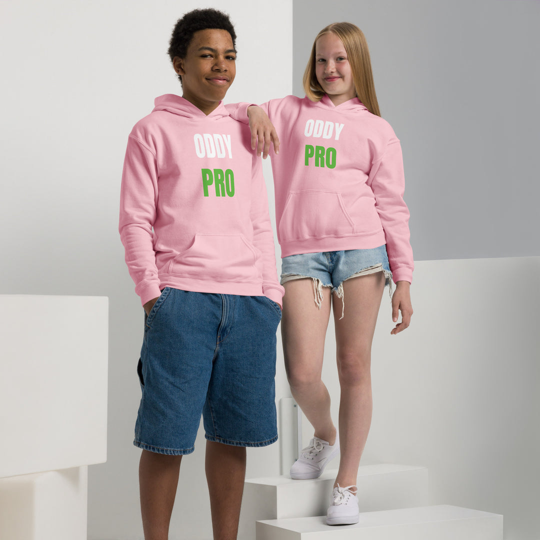 Two children wearing Oddy Pro Youth heavy blend hoodie in pink color, showcasing comfort and style.