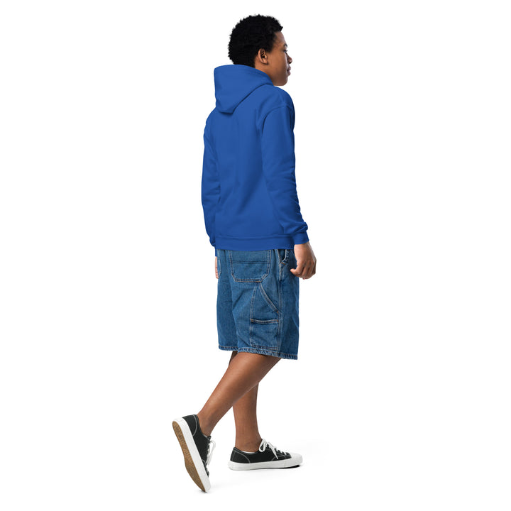 Oddy Pro Youth heavy blend hoodie worn by child walking, showcasing its vibrant blue color and casual style.