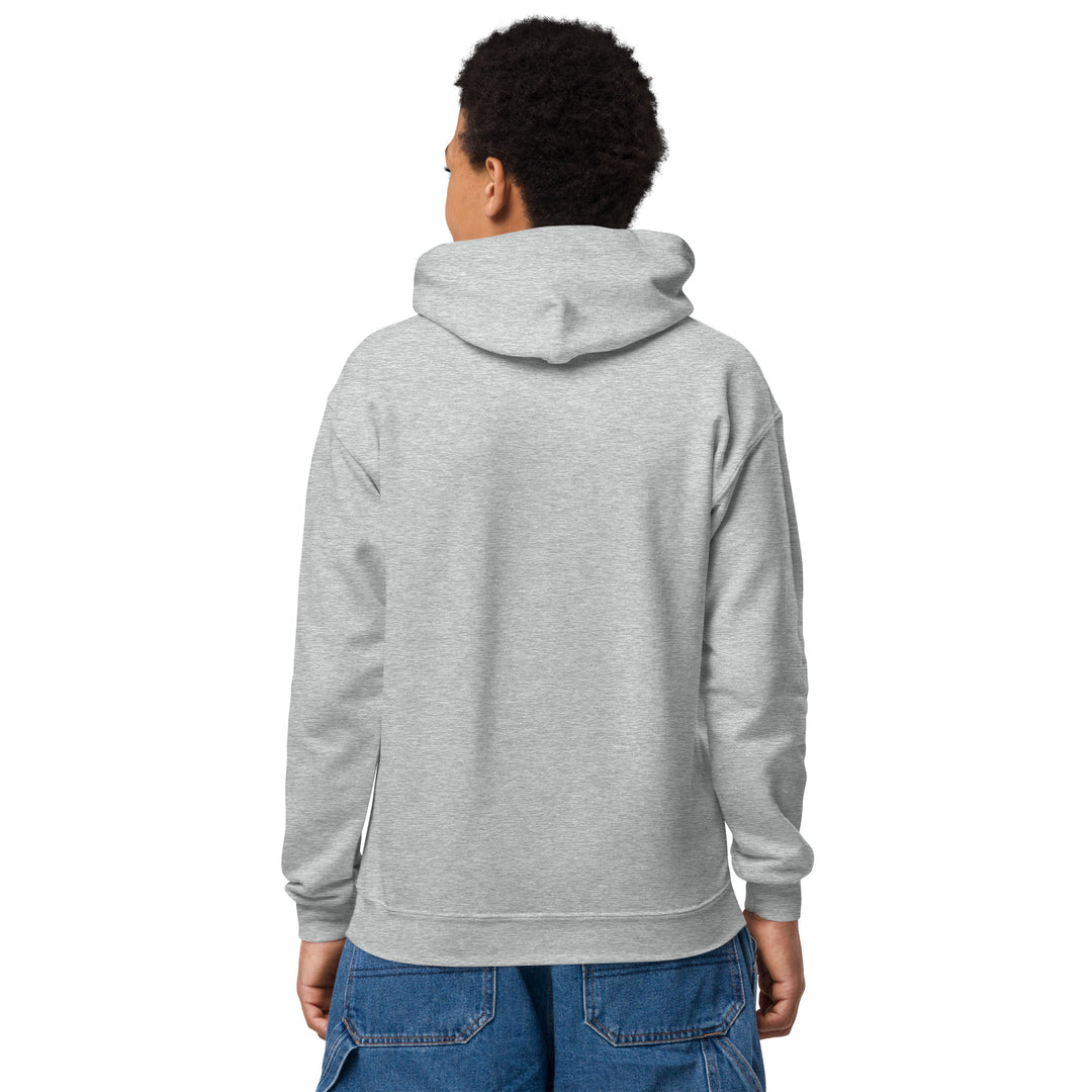 Back view of a youth wearing the Oddy Pro Youth heavy blend hoodie in gray.