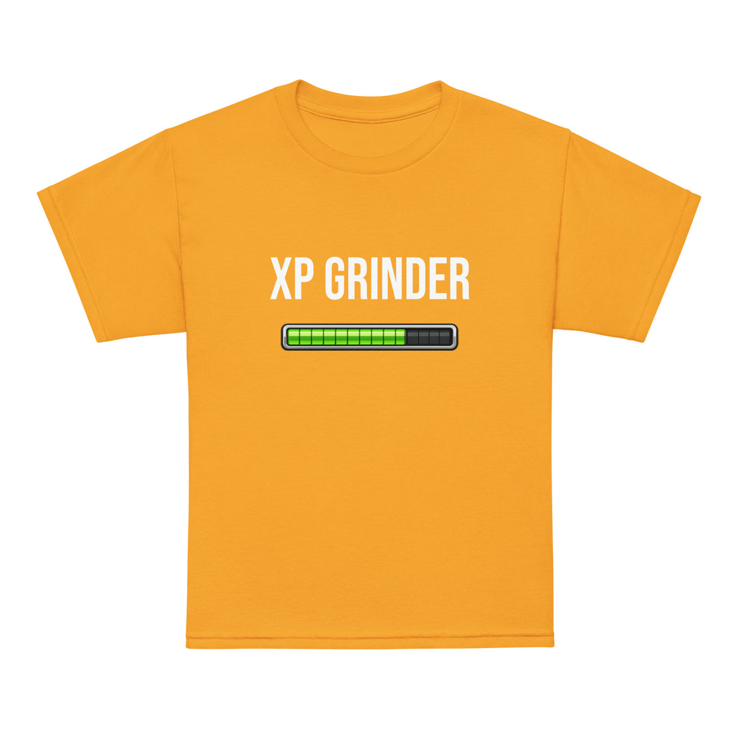 XP Grinder Youth t-shirt in bright orange with a loading bar design.