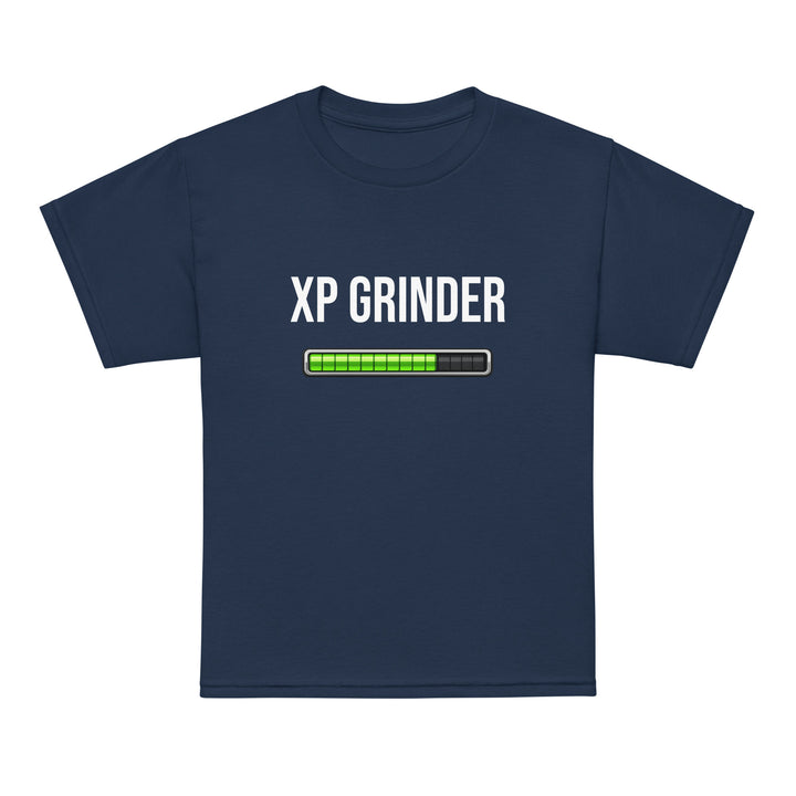 XP Grinder Youth t-shirt featuring a gaming-themed progress bar design on a navy blue background.