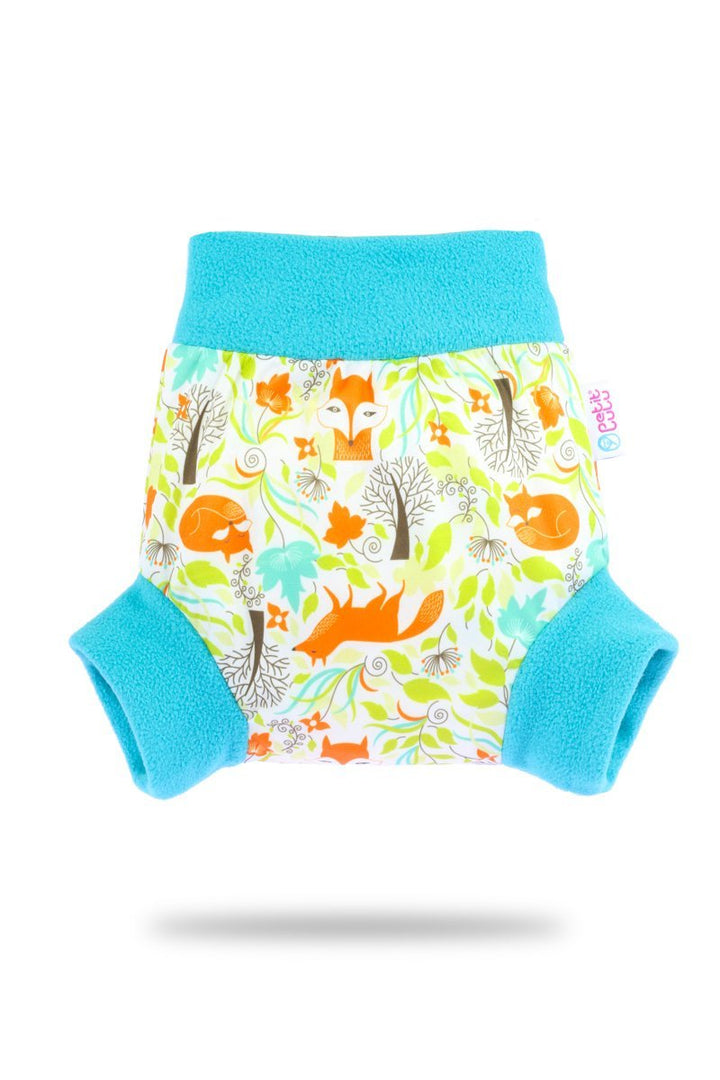 Colorful pull-up nappy cover with fox print and blue fleece cuffs, waterproof and breathable for active children.